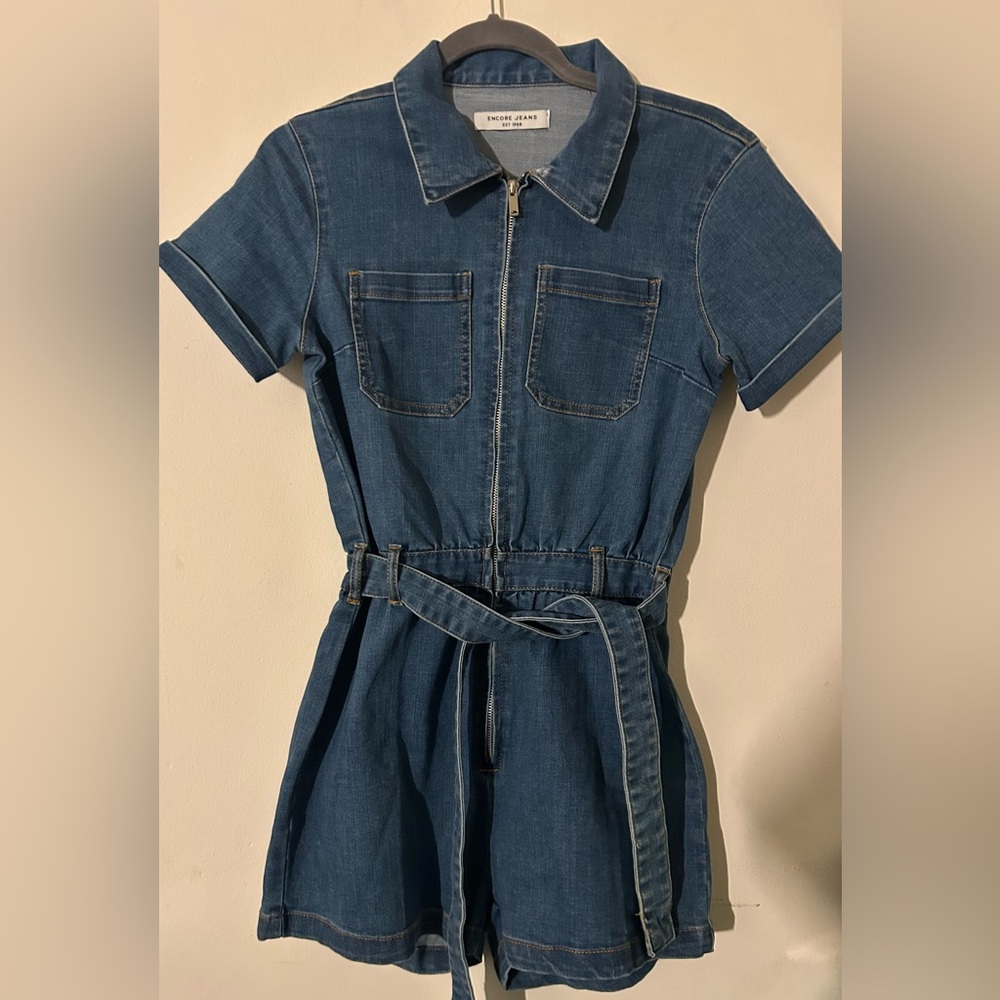 Encore Jeans Blue Zip-Up Belted Denim Jumpsuit